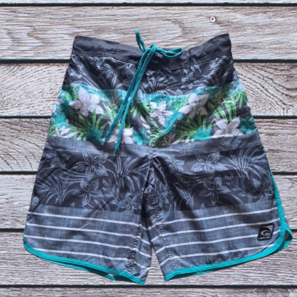 Laguna Beach Trunks Green Grey White Swim Floral Stripes Drawstring Men's Size S